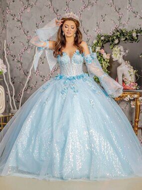 NEW LONG FORMAL FLORAL QUINCEANERA DRESS WITH ILLUSION SWEETHEART NECK GL3486